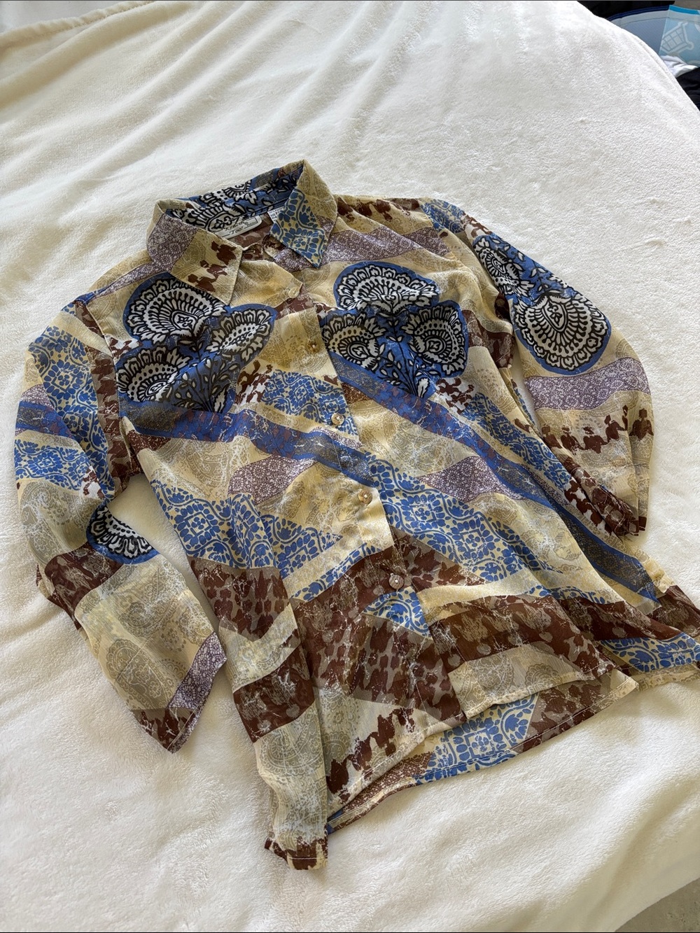 Casual Patchwork Button-Down Shirt - Cream, Blue, Brown